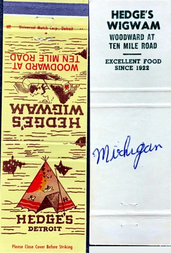 Hedges Wig Wam Restaurant - Matchbook